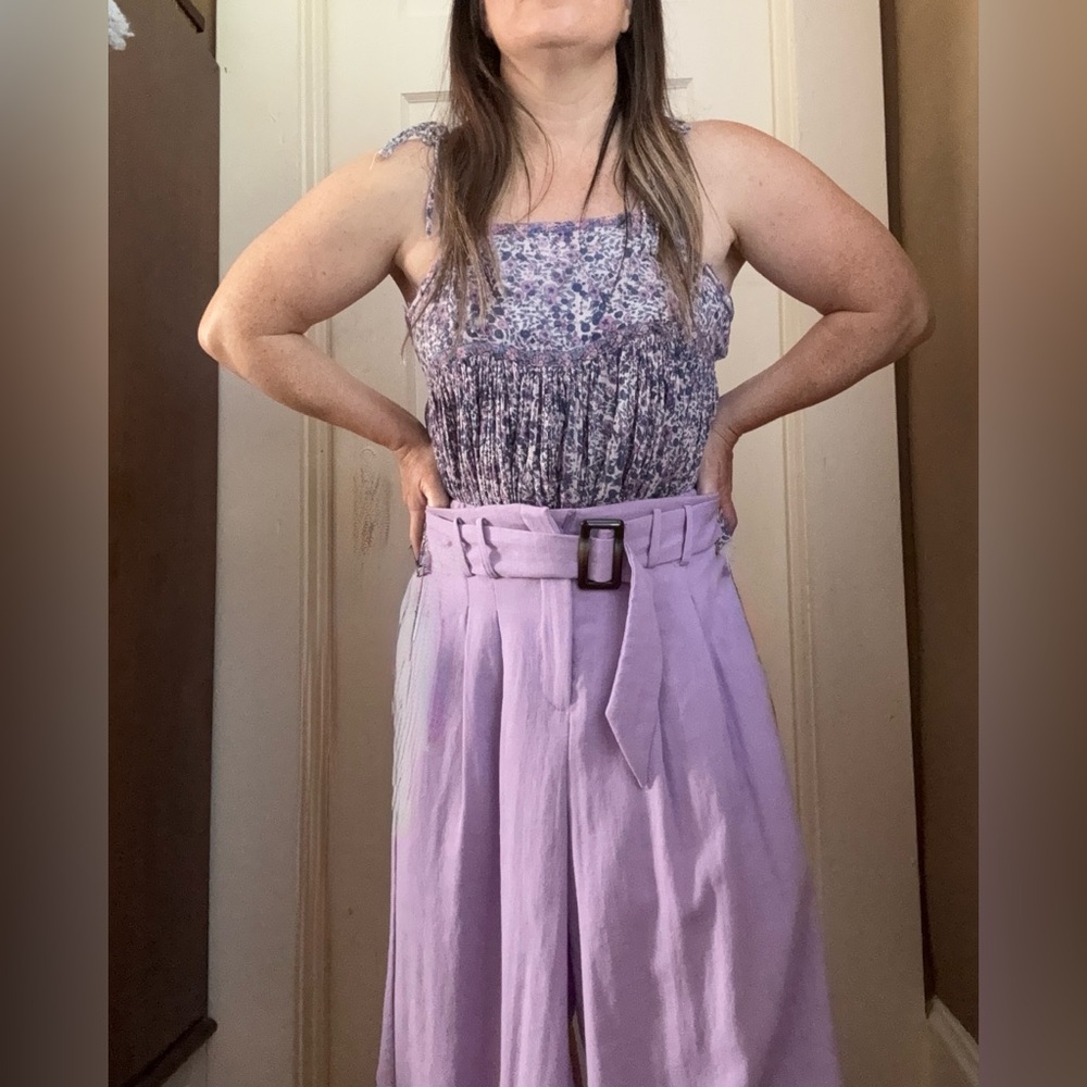 J.O.A. Lavender Wide-leg Pleated Belted Trousers w/ Belt Subtle Sparkle Pockets